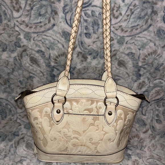 Patricia Nash Primrose Satchel Purse Tooled Shoulder Bag Ivory Beige Inlay - Picture 2 of 7